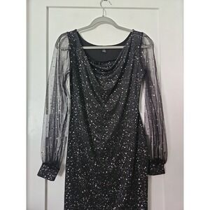 SHEIN Celestial Glitter Bodycon Dress S Black Sheer Star Puff Sleeve Mini